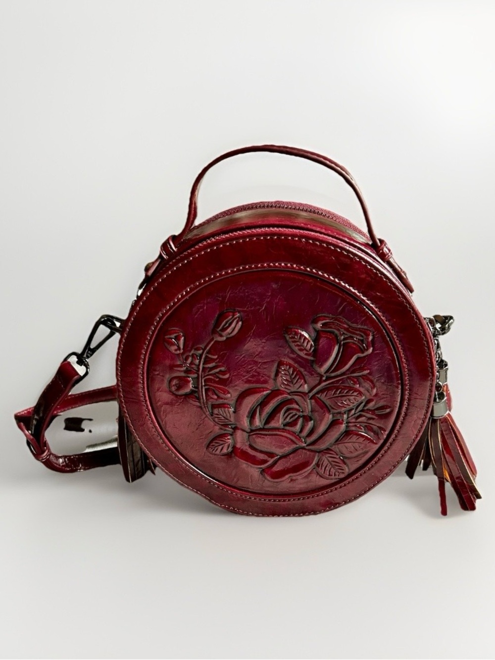 MEITRUE Burgundy Round Crossbody Embossed Floral Rose Tassel Boho Vintage Style
